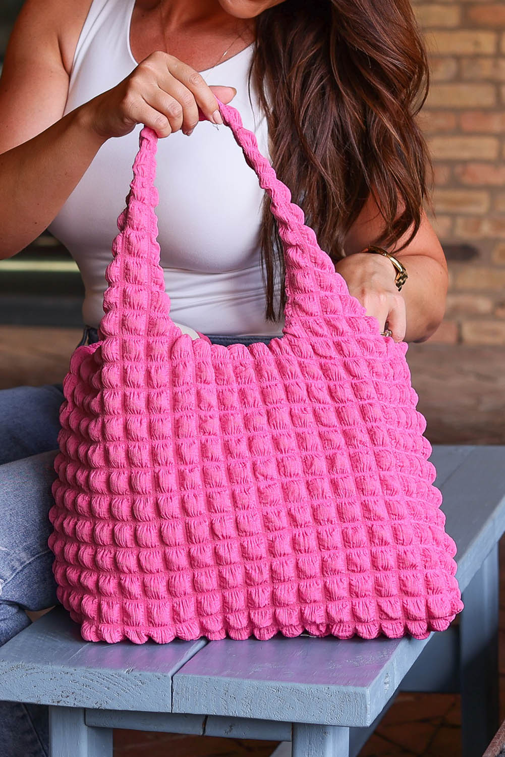 White Textured Pleated Bubble Shoulder Bag