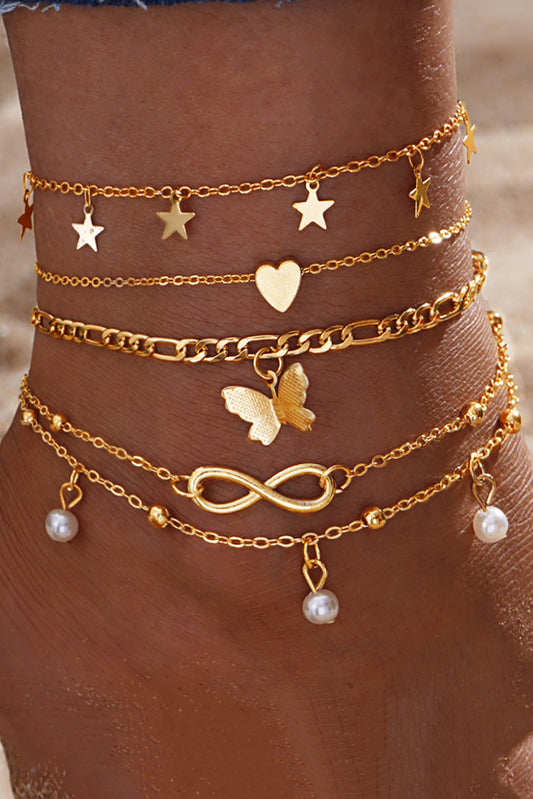 Gold Pearl Butterfly Multi Layer Pendant Anklet