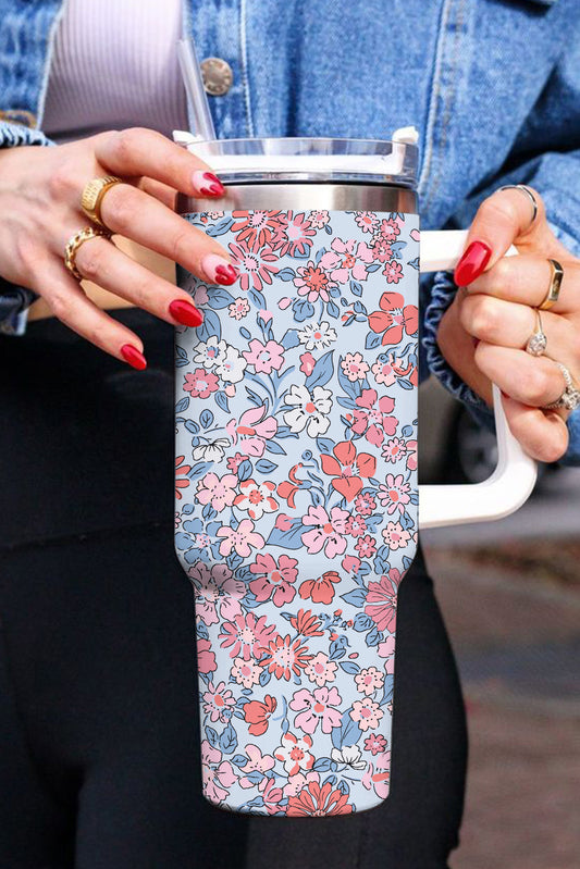 Multicolour Floral Print Handled Stainless Tumbler with Straw