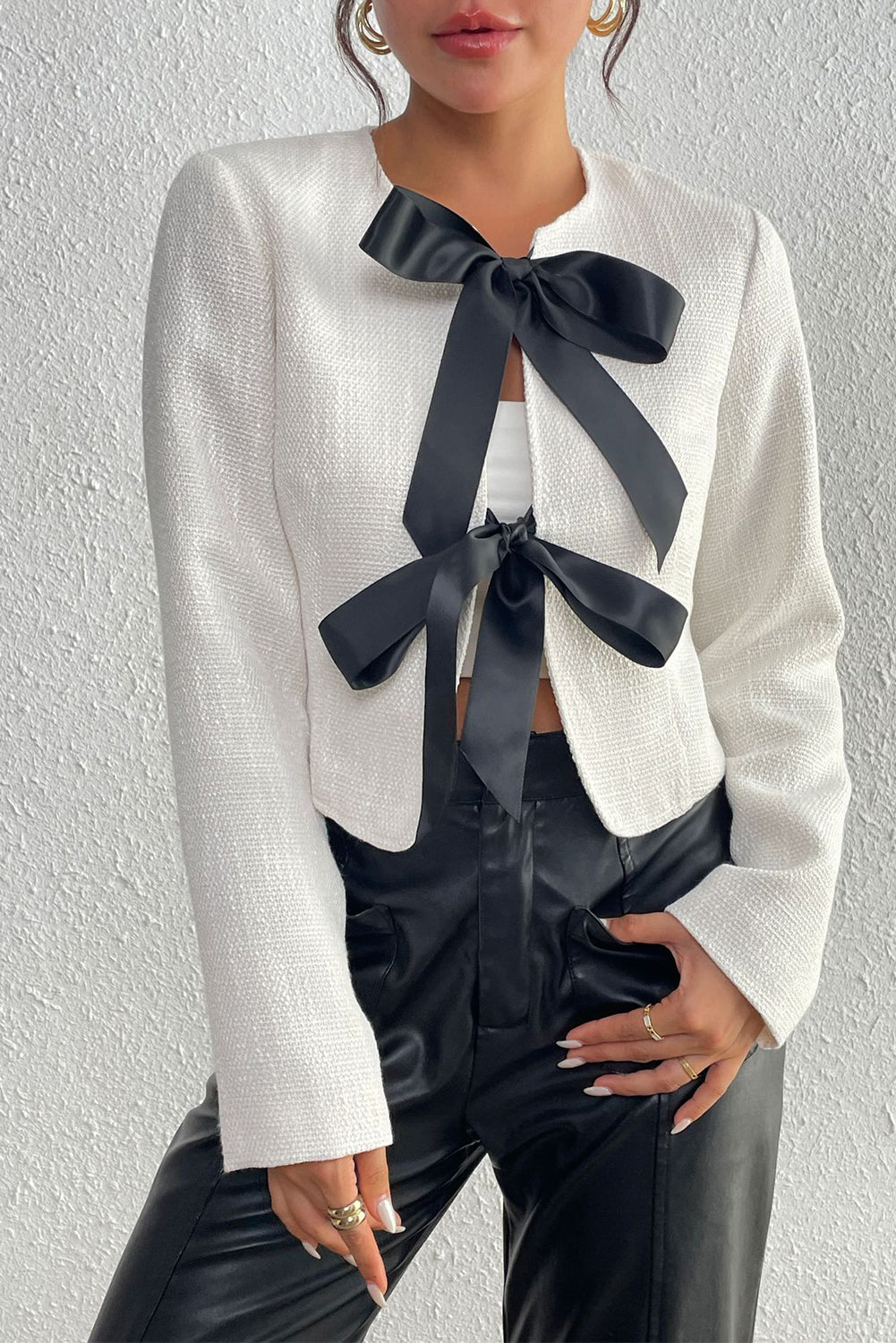 White Bow Front Slim Cropped Blazer