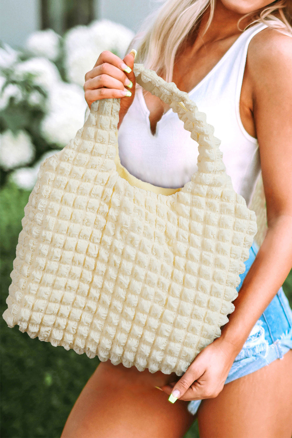 White Textured Pleated Bubble Shoulder Bag