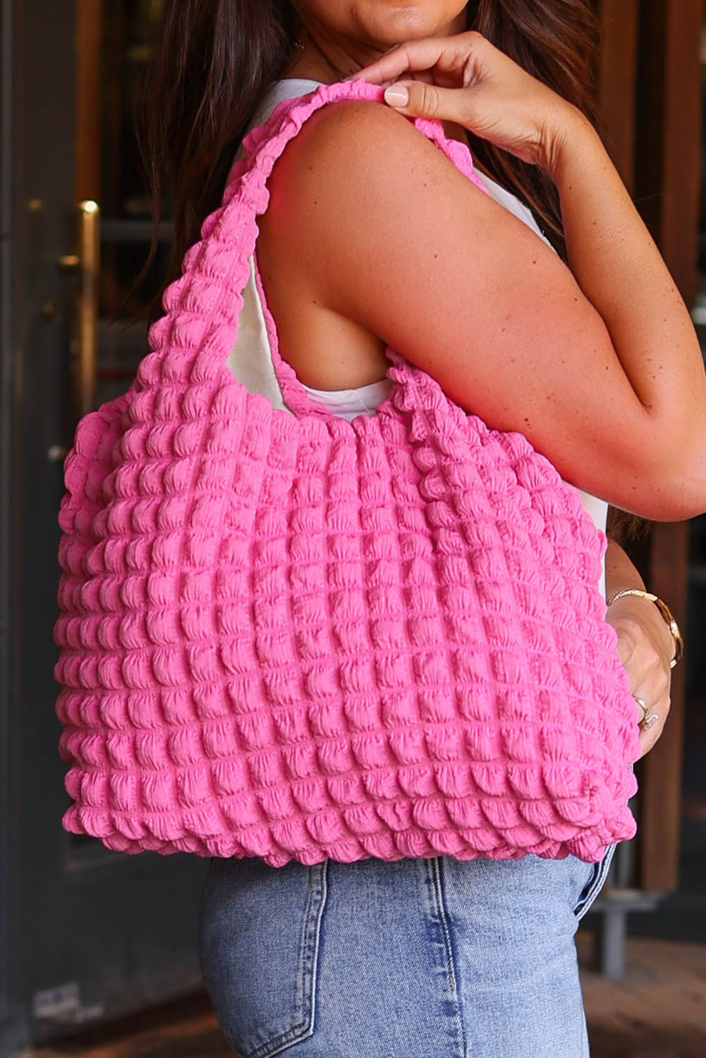 White Textured Pleated Bubble Shoulder Bag