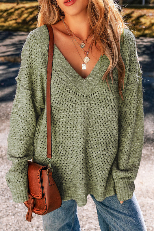 Jungle Green Plain Oversized Hollowed Knit Sweater