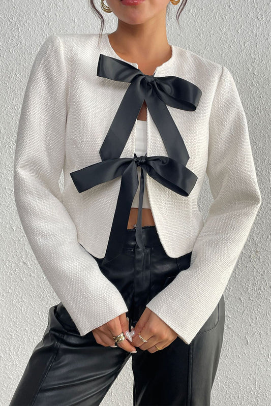 White Bow Front Slim Cropped Blazer