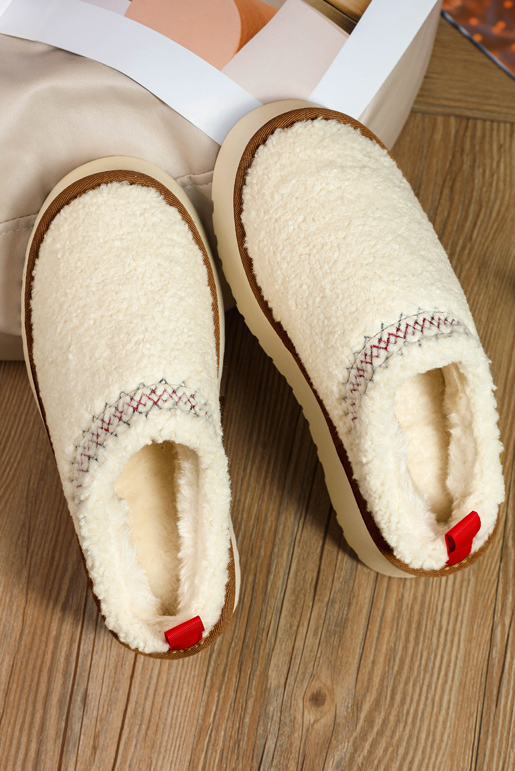 White Suede Contrast Print Plush Thick Sole Slippers