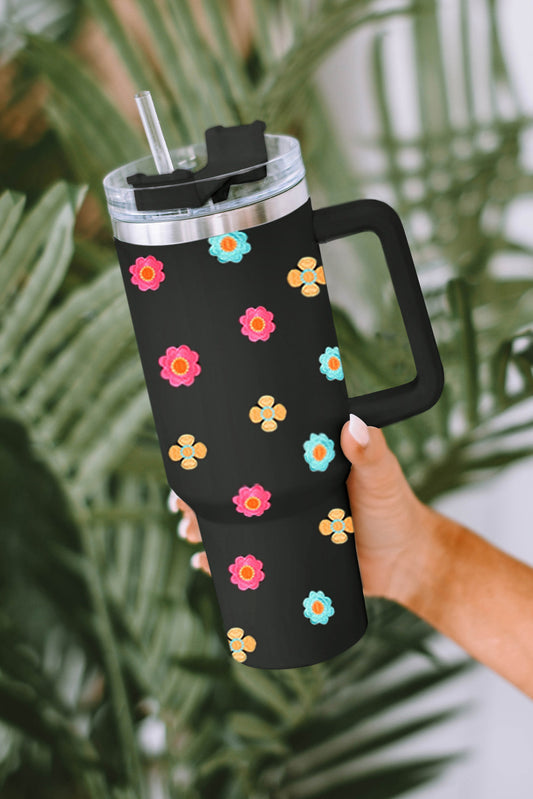 Black Cute Florets 304 Stainless Double Layer Thermos Tumbler