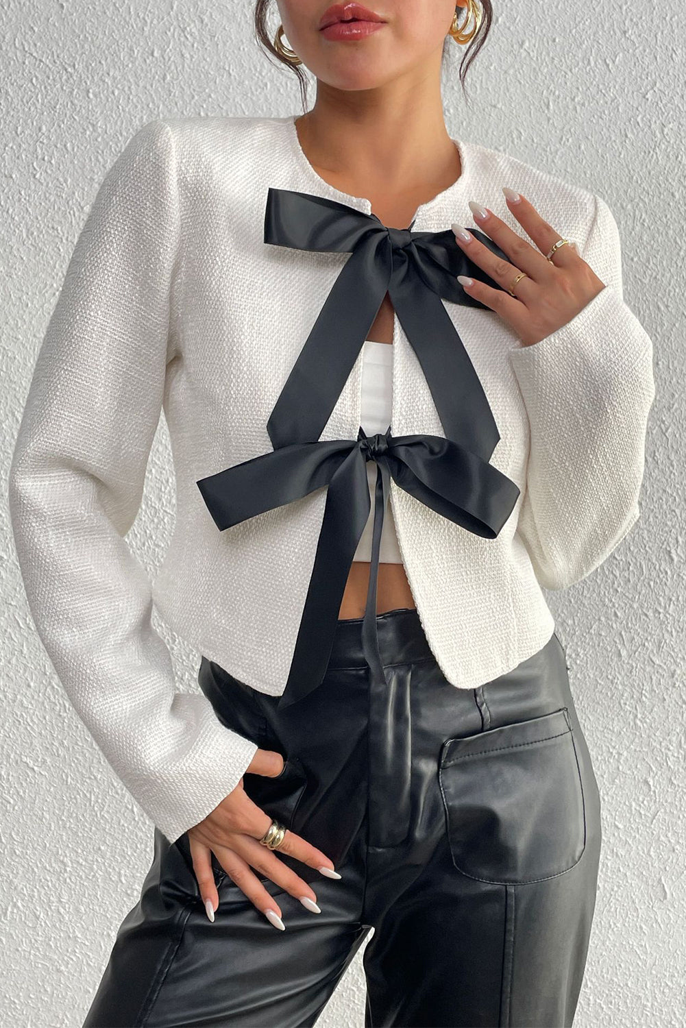 White Bow Front Slim Cropped Blazer